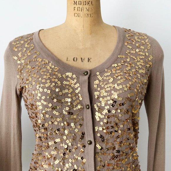 LOVE 21 Brown Knitted Size XS Cotton Cardigan with Gold Sequins Adornment - Picture 4 of 7
